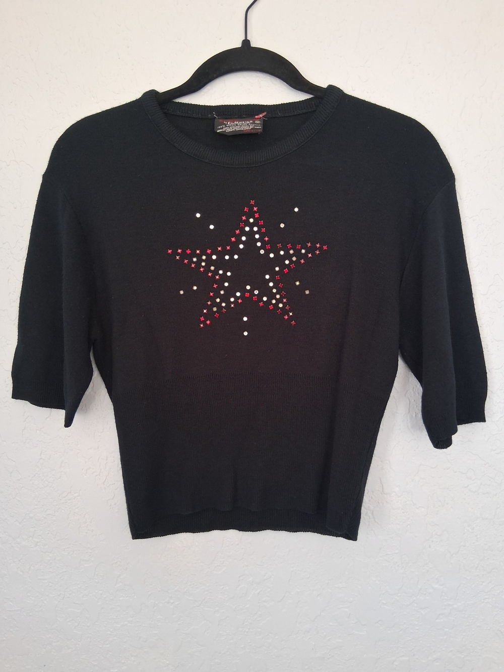 VTG Expressions by Campus M Black Knit Top Beaded Rhinestone Star USA Made